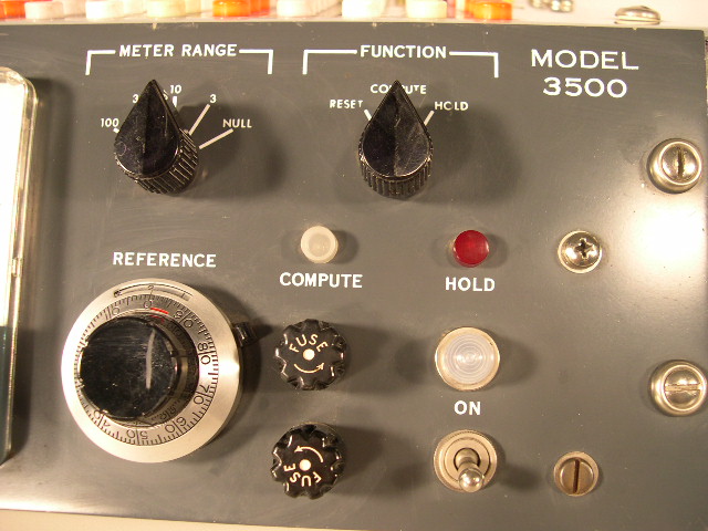 Closeup of right side of the Donner 3500 analog computer control panel.  This rare portable analog computer was an important part of computer history.