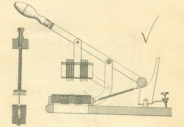 A schematic drawing of the card reader as shown in the author's edition of the <i>Electric Tabulating System</i>.  Pulling down on the handle would allow the pins to drop through any holes in the card.  The   drawing on the left shows a pin dropping.