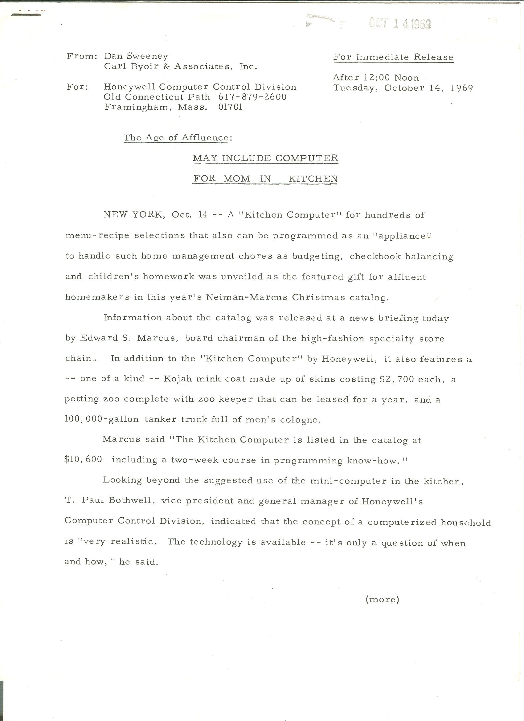 Press release for the Kitchen Computer (Honeywell 316)