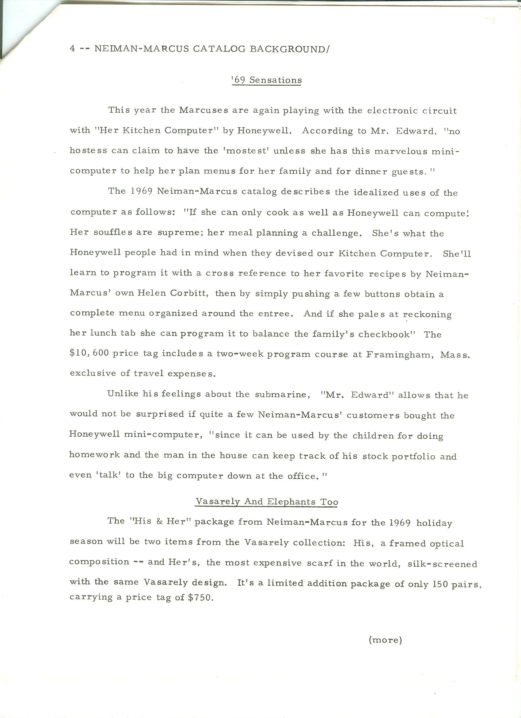 Press release for the Kitchen Computer (Honeywell 316)