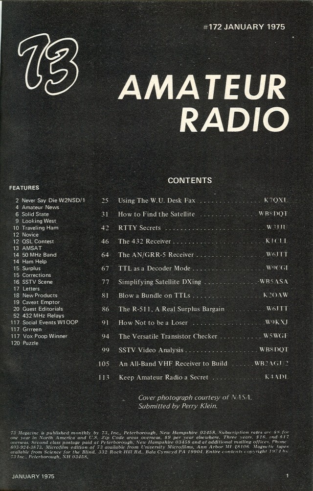  image of Table of Contents for the January 1975 issue. 