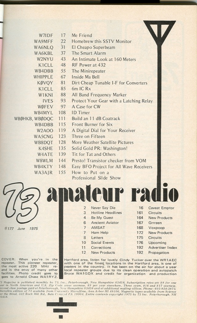 Table of Contents for June 1975 issue.